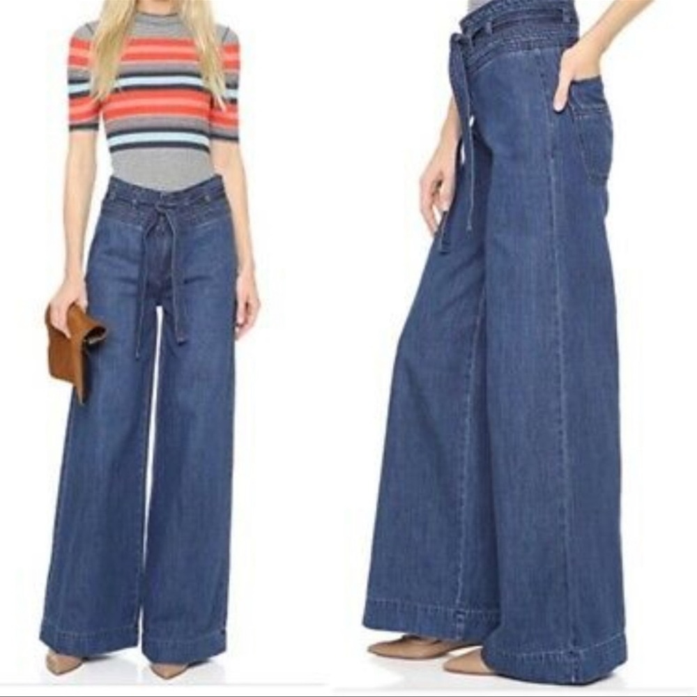 NWT Free People Maytal Blue Demin Belted Wide Leg Jeans 25